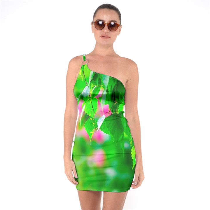 Green Birch Leaves, Pink Flowers One Soulder Bodycon Dress