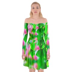 Green Birch Leaves, Pink Flowers Off Shoulder Skater Dress