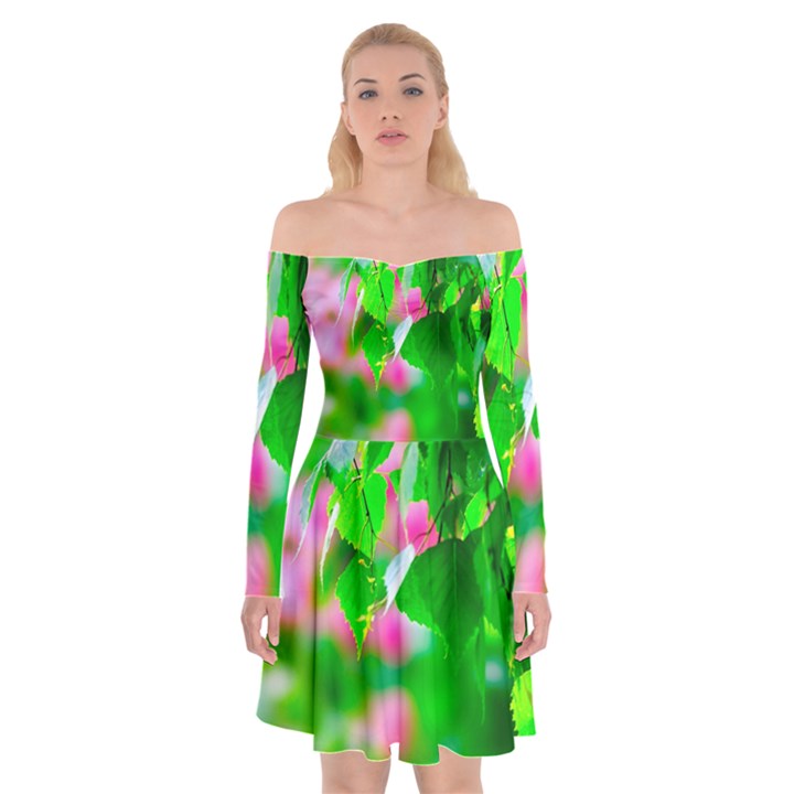 Green Birch Leaves, Pink Flowers Off Shoulder Skater Dress