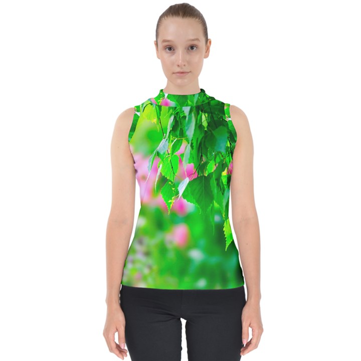 Green Birch Leaves, Pink Flowers Shell Top