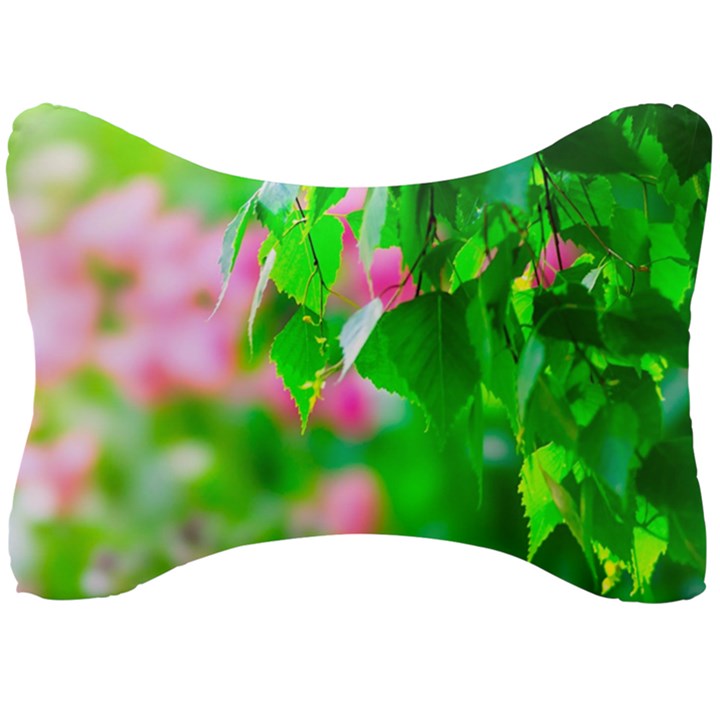 Green Birch Leaves, Pink Flowers Seat Head Rest Cushion