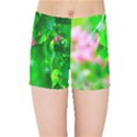 Green Birch Leaves, Pink Flowers Kids Sports Shorts View1