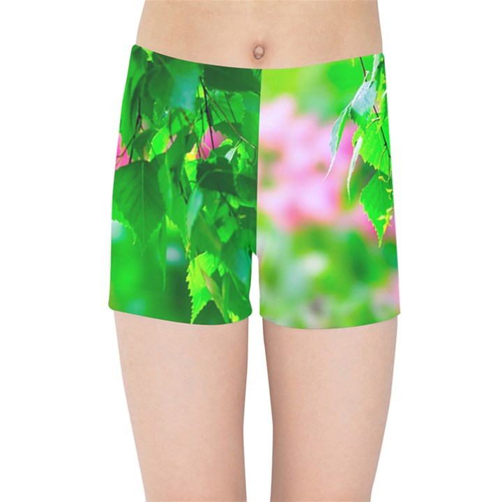 Green Birch Leaves, Pink Flowers Kids Sports Shorts