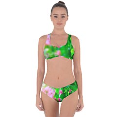 Green Birch Leaves, Pink Flowers Criss Cross Bikini Set by FunnyCow