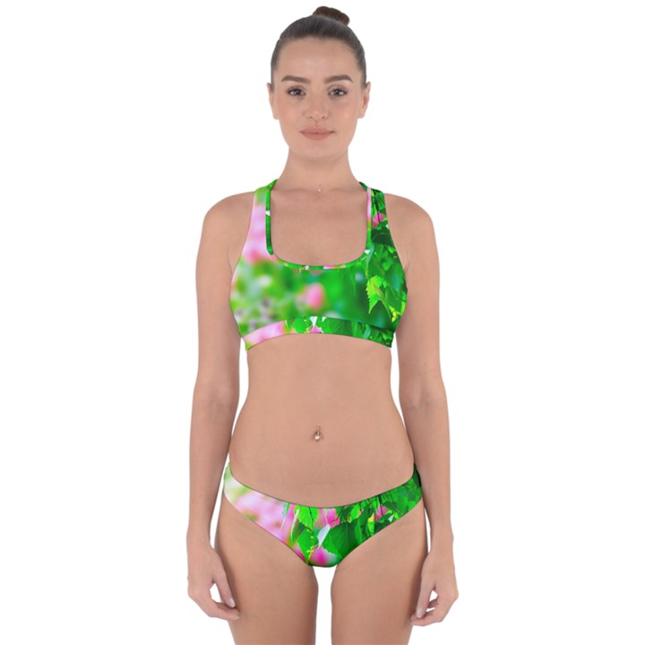 Green Birch Leaves, Pink Flowers Cross Back Hipster Bikini Set