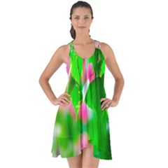 Green Birch Leaves, Pink Flowers Show Some Back Chiffon Dress