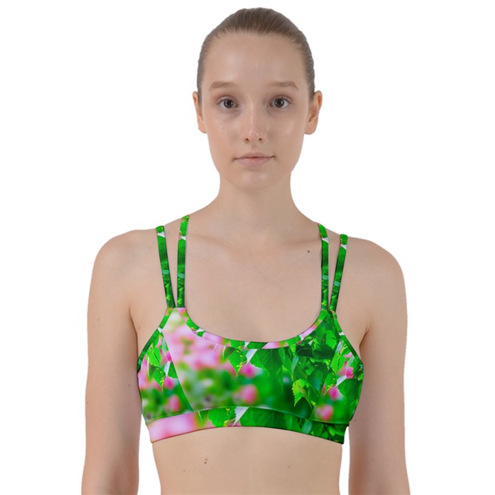 Green Birch Leaves, Pink Flowers Line Them Up Sports Bra