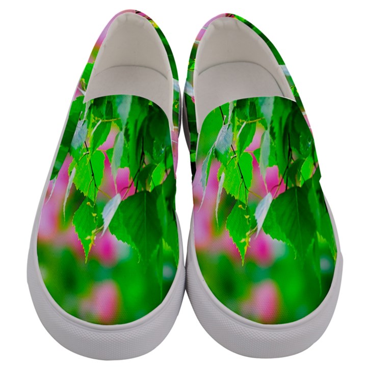 Green Birch Leaves, Pink Flowers Men s Canvas Slip Ons