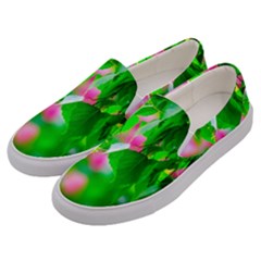 Green Birch Leaves, Pink Flowers Men s Canvas Slip Ons by FunnyCow