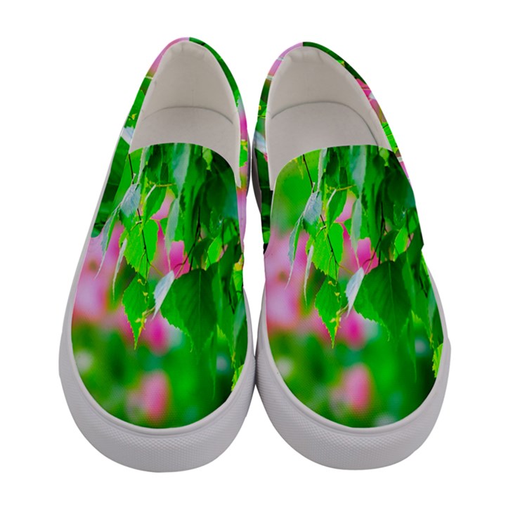 Green Birch Leaves, Pink Flowers Women s Canvas Slip Ons