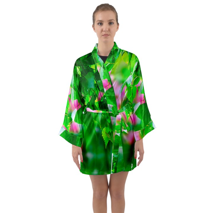 Green Birch Leaves, Pink Flowers Long Sleeve Kimono Robe