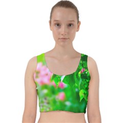 Green Birch Leaves, Pink Flowers Velvet Racer Back Crop Top