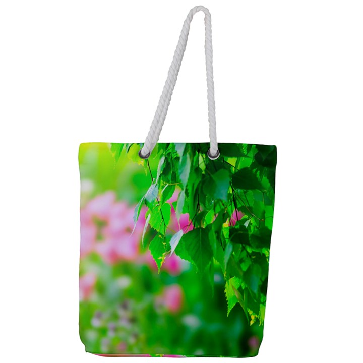 Green Birch Leaves, Pink Flowers Full Print Rope Handle Tote (Large)