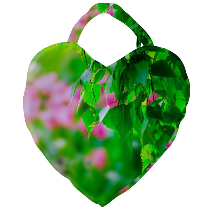 Green Birch Leaves, Pink Flowers Giant Heart Shaped Tote