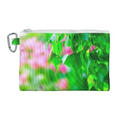 Green Birch Leaves, Pink Flowers Canvas Cosmetic Bag (large)