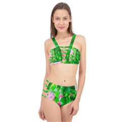 Green Birch Leaves, Pink Flowers Cage Up Bikini Set