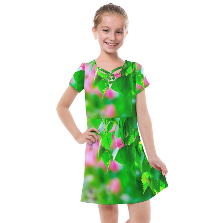 Green Birch Leaves, Pink Flowers Kids  Cross Web Dress