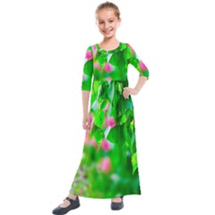 Green Birch Leaves, Pink Flowers Kids  Quarter Sleeve Maxi Dress