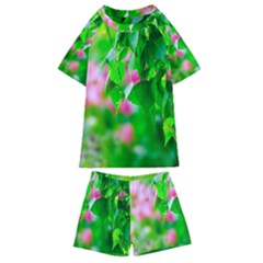 Green Birch Leaves, Pink Flowers Kids  Swim Tee And Shorts Set