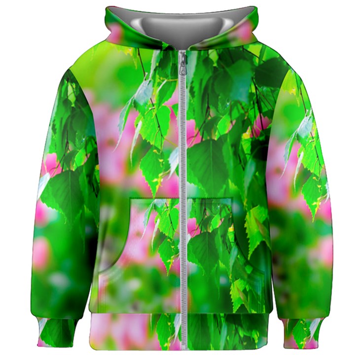 Green Birch Leaves, Pink Flowers Kids Zipper Hoodie Without Drawstring