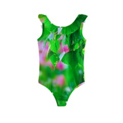 Green Birch Leaves, Pink Flowers Kids  Frill Swimsuit