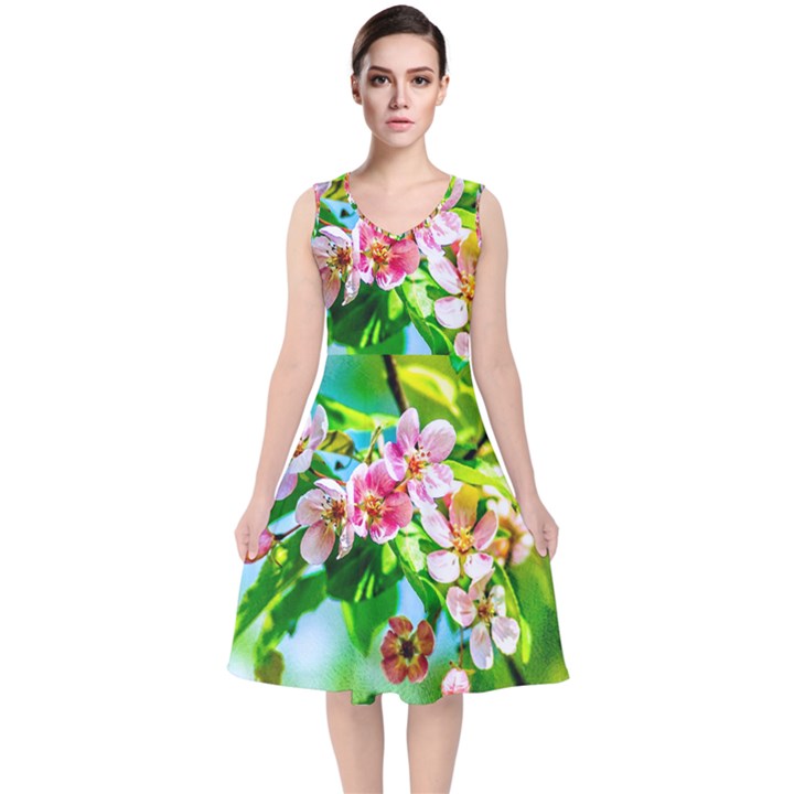 Crab Apple Flowers V-Neck Midi Sleeveless Dress 