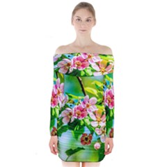 Crab Apple Flowers Long Sleeve Off Shoulder Dress by FunnyCow