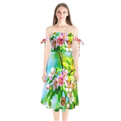 Crab Apple Flowers Shoulder Tie Bardot Midi Dress by FunnyCow