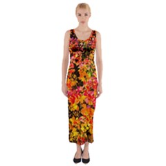 Orange, Yellow Cotoneaster Leaves In Autumn Fitted Maxi Dress by FunnyCow