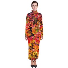 Orange, Yellow Cotoneaster Leaves In Autumn Turtleneck Maxi Dress