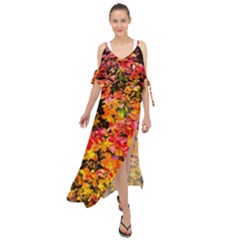 Orange, Yellow Cotoneaster Leaves In Autumn Maxi Chiffon Cover Up Dress