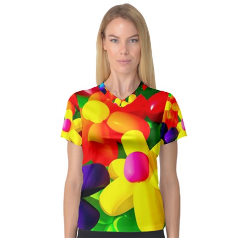 Toy Balloon Flowers V-neck Sport Mesh Tee by FunnyCow