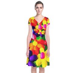 Toy Balloon Flowers Short Sleeve Front Wrap Dress by FunnyCow