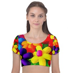 Toy Balloon Flowers Velvet Short Sleeve Crop Top  by FunnyCow