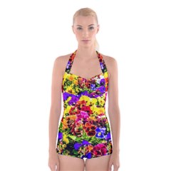 Viola Tricolor Flowers Boyleg Halter Swimsuit  by FunnyCow