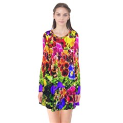 Viola Tricolor Flowers Long Sleeve V-neck Flare Dress by FunnyCow