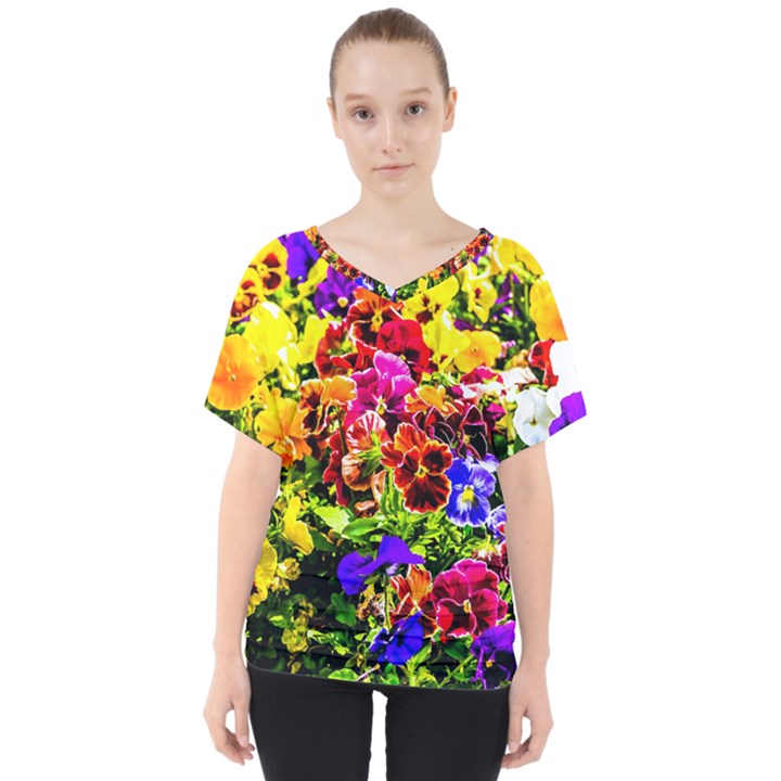 Viola Tricolor Flowers V-Neck Dolman Drape Top