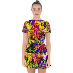 Viola Tricolor Flowers Drop Hem Mini Chiffon Dress by FunnyCow