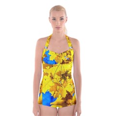 Yellow Maple Leaves Boyleg Halter Swimsuit  by FunnyCow