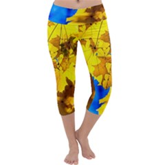 Yellow Maple Leaves Capri Yoga Leggings by FunnyCow