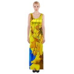 Yellow Maple Leaves Maxi Thigh Split Dress by FunnyCow