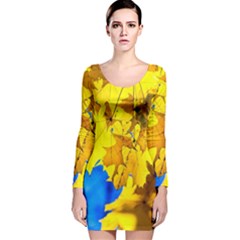 Yellow Maple Leaves Long Sleeve Velvet Bodycon Dress by FunnyCow