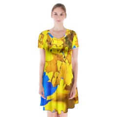 Yellow Maple Leaves Short Sleeve V-neck Flare Dress by FunnyCow