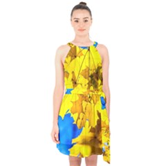 Yellow Maple Leaves Halter Collar Waist Tie Chiffon Dress by FunnyCow