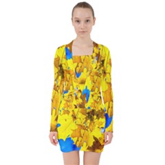 Yellow Maple Leaves V-neck Bodycon Long Sleeve Dress by FunnyCow