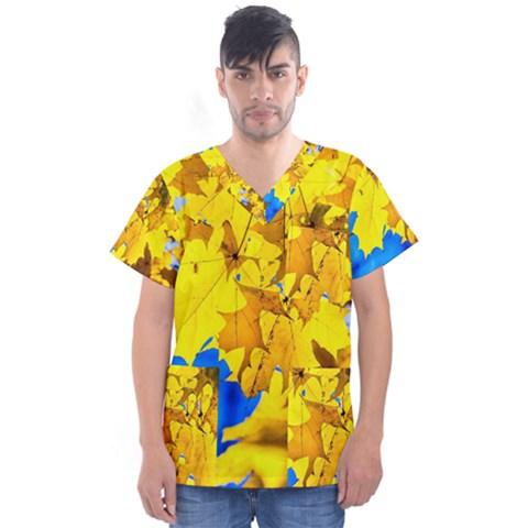 Yellow Maple Leaves Men s V-neck Scrub Top by FunnyCow