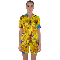 Yellow Maple Leaves Satin Short Sleeve Pyjamas Set by FunnyCow