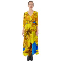 Yellow Maple Leaves Button Up Boho Maxi Dress by FunnyCow