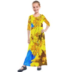 Yellow Maple Leaves Kids  Quarter Sleeve Maxi Dress by FunnyCow