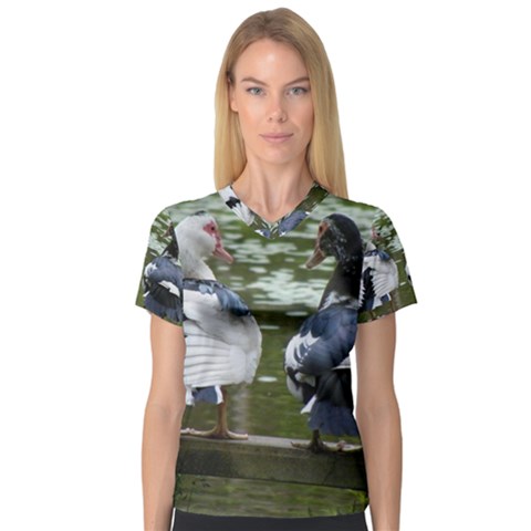 Muscovy Ducks At The Pond V-neck Sport Mesh Tee by IIPhotographyAndDesigns